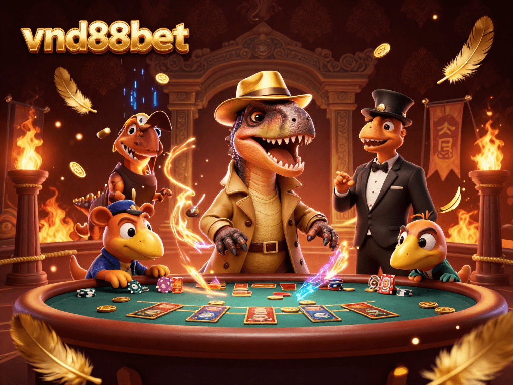 Experience fun at the vnd88bet casino with cartoon dinos, chips, and vibrant gaming elements.