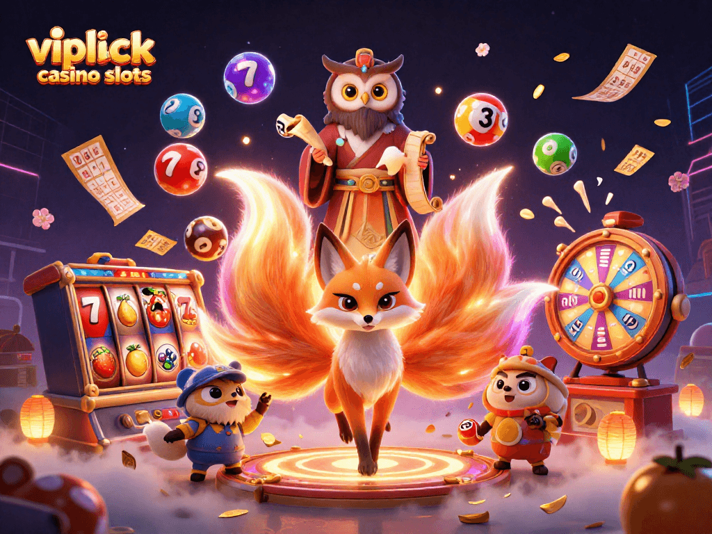 Vipluck casino slots: scopri slot emozionanti con il volpe spirituale e il gufo saggio in un’illustrazione vibrante.