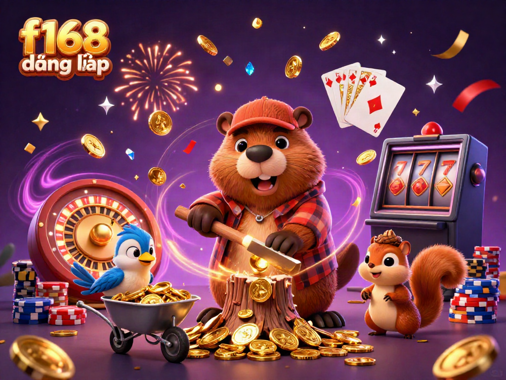Spin to win with f168 đăng nhập, showcasing a cartoon beaver and friends in an exciting casino scene.