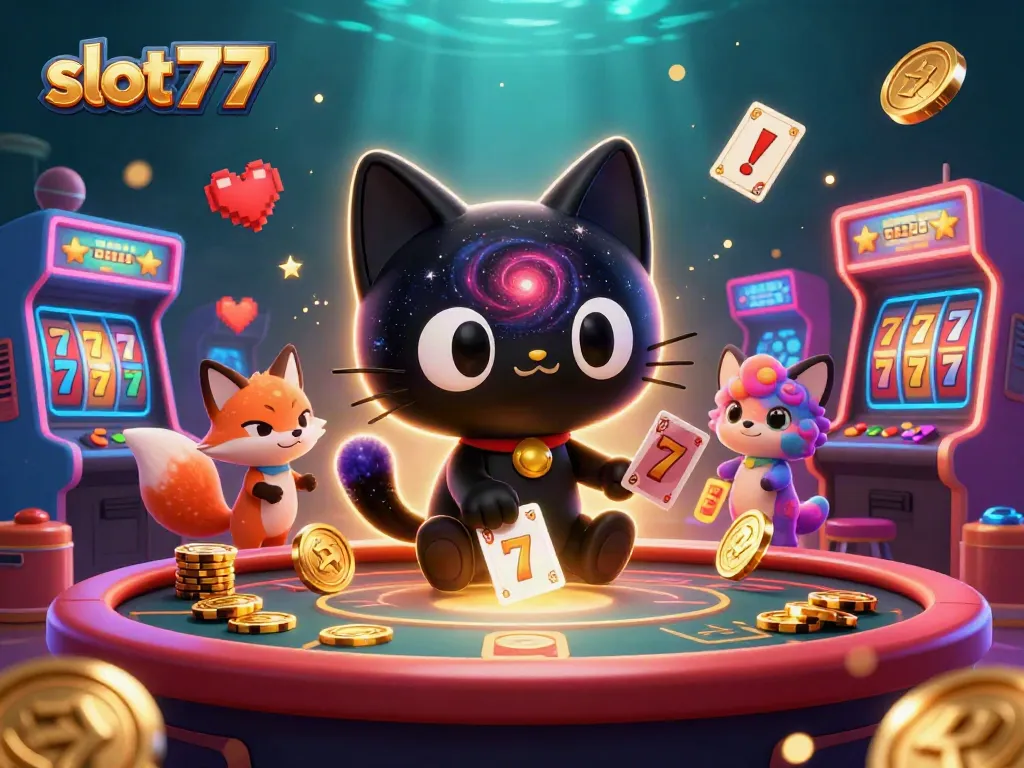 Engage with slot777 as a cosmic cat draws in golden chips and cards at a vibrant casino table.