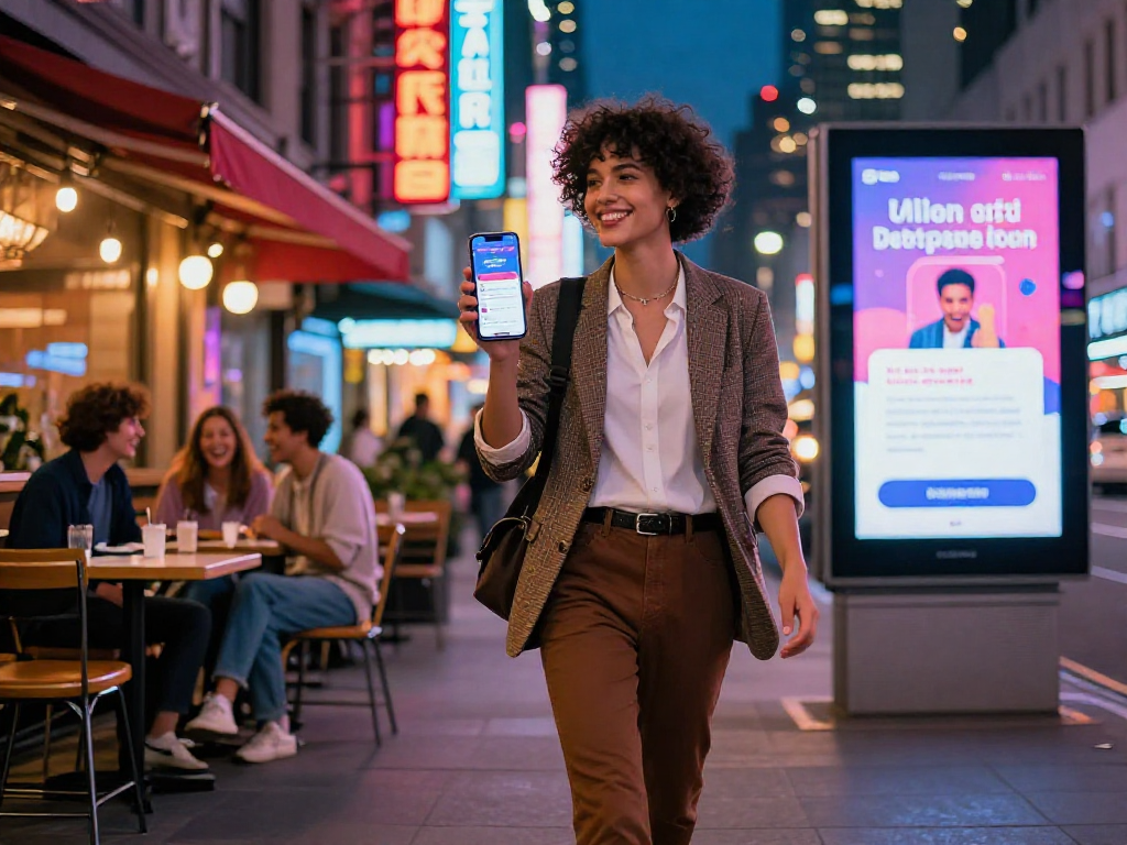 Individual engaging with slut ai dating app in lively urban nightlife full of energy and modernity.