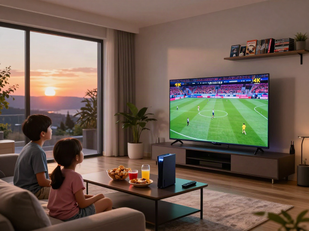 Family enjoying IPTV sports in a modern living room, test iptv experience.