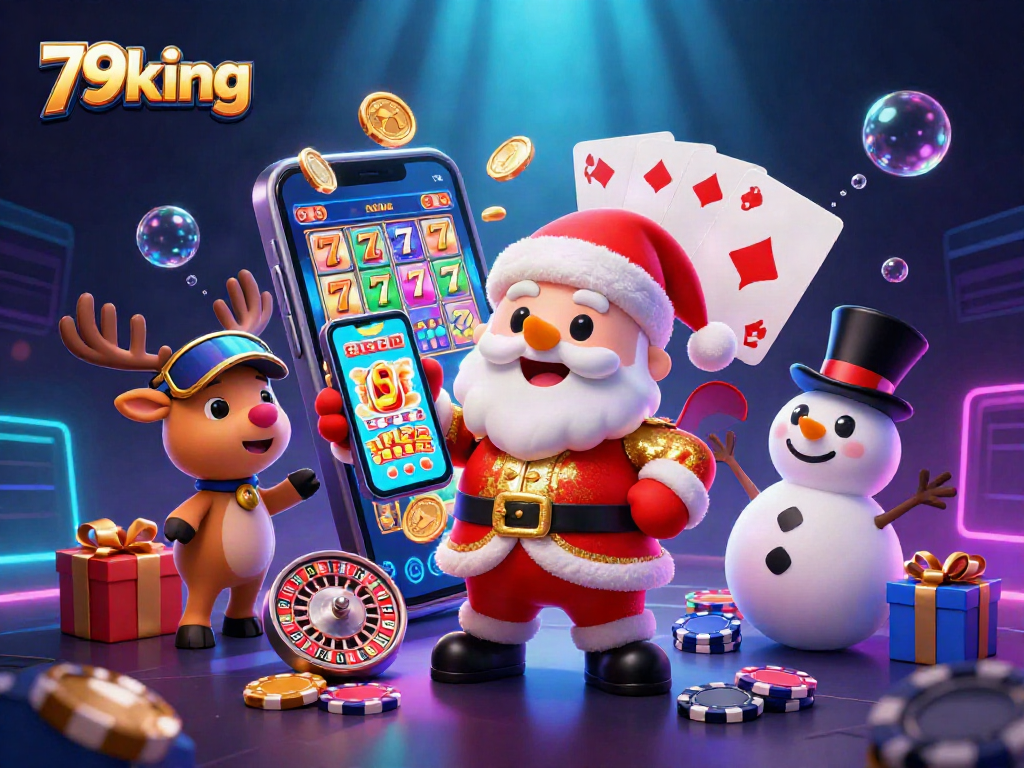 Engage with 79king's festive 3D casino scene featuring Santa, reindeer, and poker chip snowman.