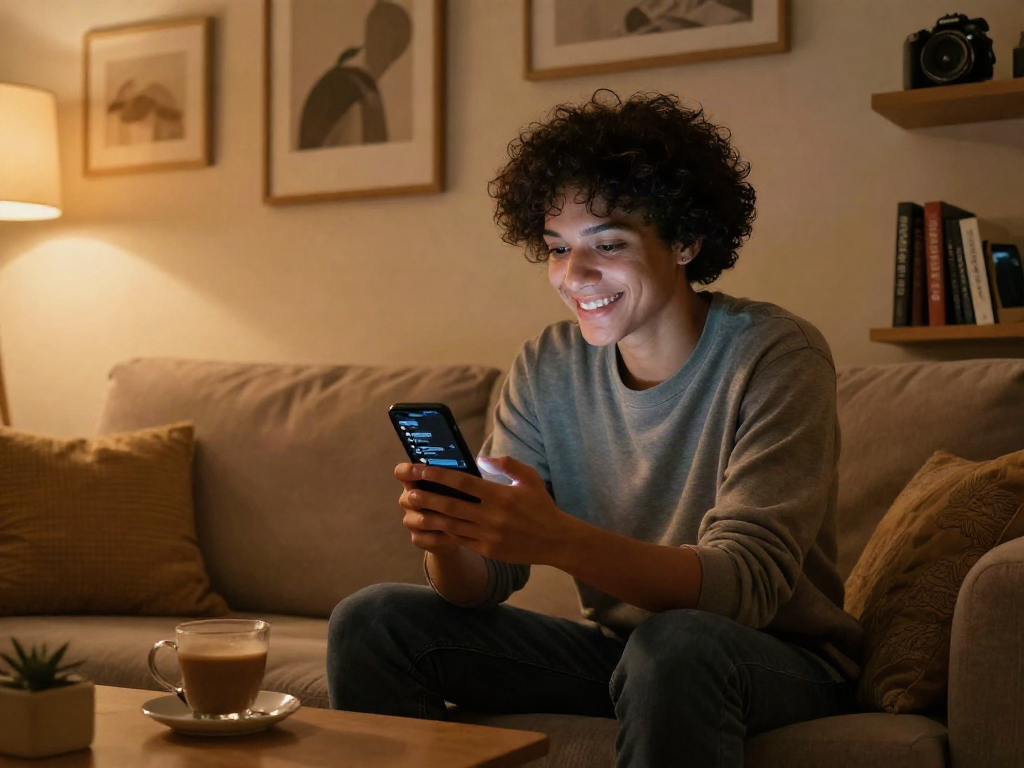 Engaging free ai sex chat in a cozy living room environment with a person using a smartphone.