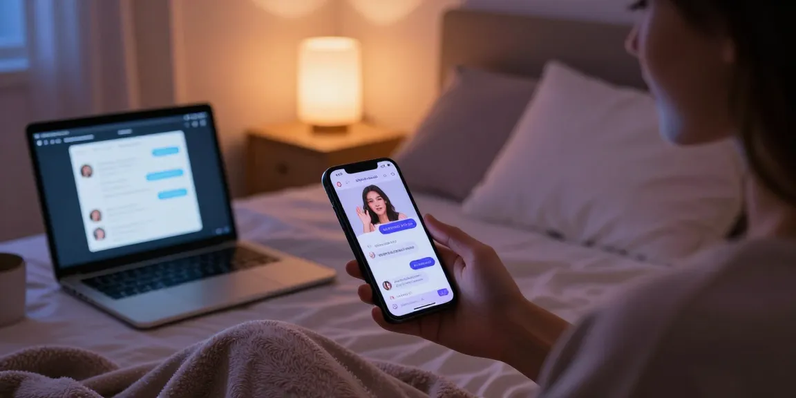 Engaging in a personalized sex chat AI experience on a smartphone in a cozy bedroom.