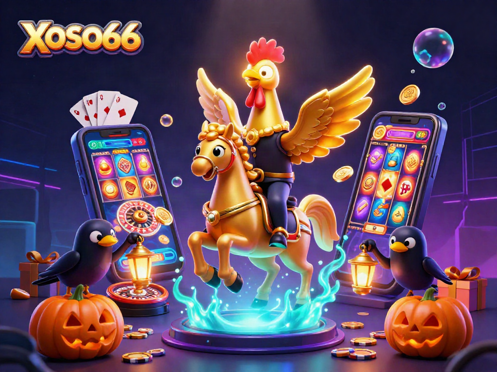 XOSO66 showcases a vibrant midnight casino scene with dynamic gaming elements and characters.