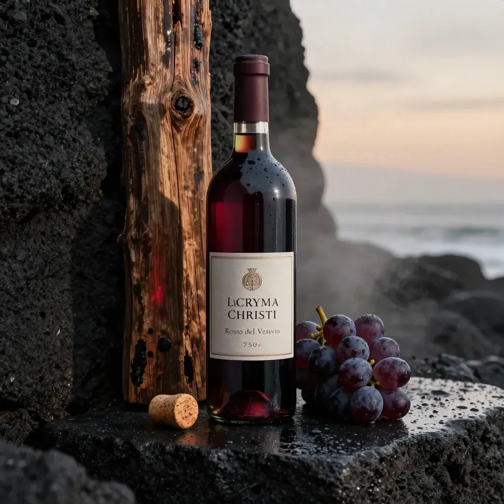 Bottiglia di vino rosso del Vesuvio su pietra lavica, con sughero e grappolo, luce calda e nebbia.