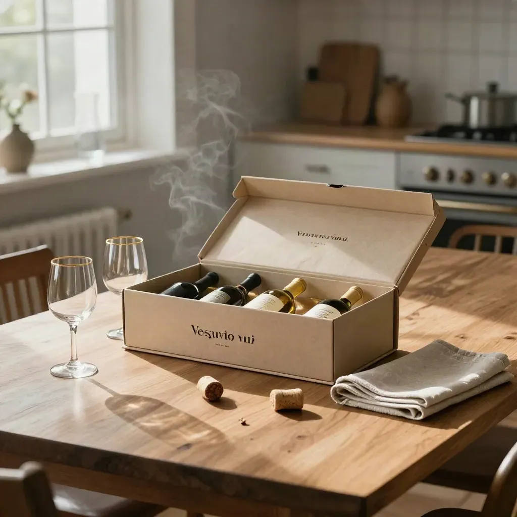 Box degustazione in kraft con tre bottiglie, due calici, tovagliolo di lino e tappi su tavola calda.