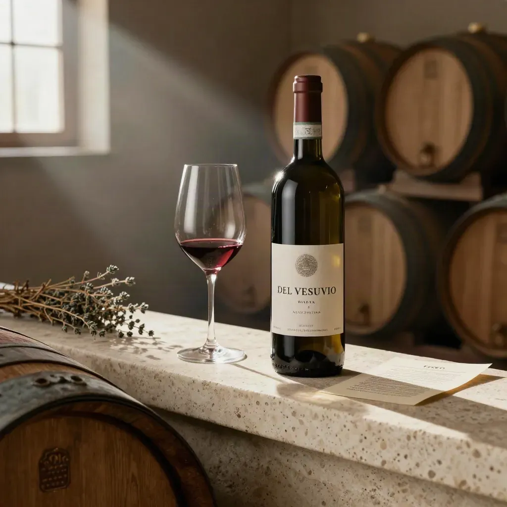 Bottiglia di Aglianico del Vesuvio Riserva su travertino in cantina con timo secco e riflessi rubino.