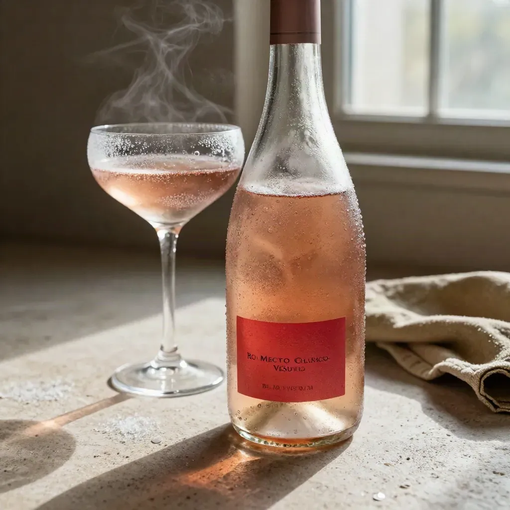 Bottiglia di rosé frizzante con condensa su pietra chiara e calice con bollicine fini.