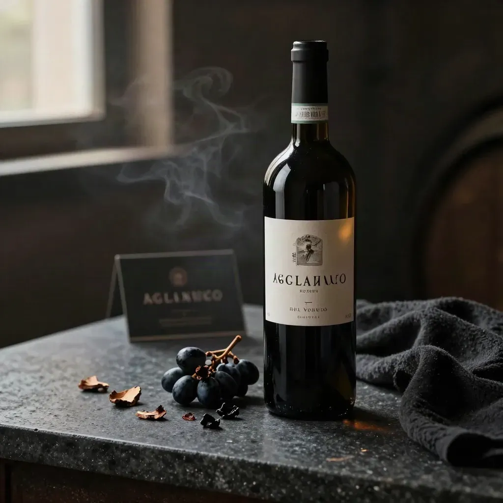 Bottiglia di Aglianico del Vesuvio Riserva su basalto scuro con uva nera e trucioli di rovere
