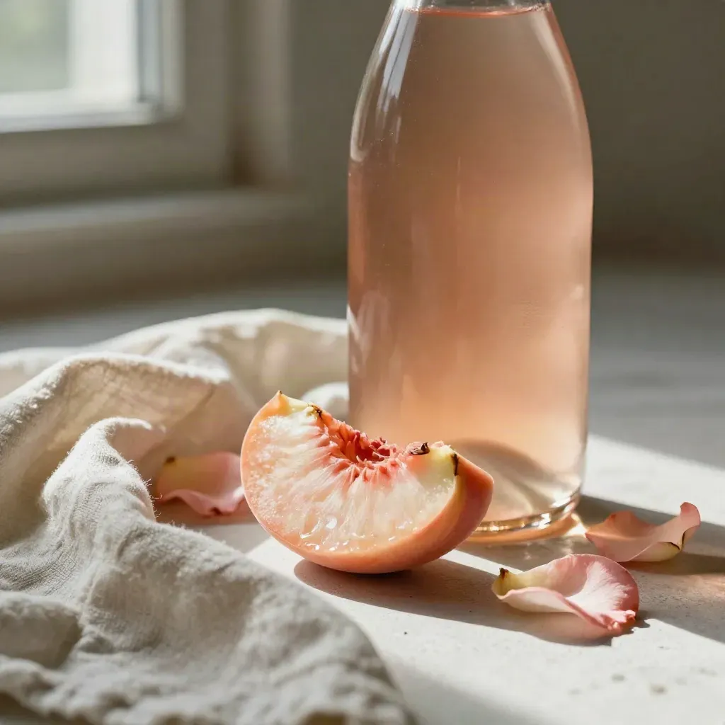 Bottiglia rosata con pesca, petali di rosa e lino morbido su fondo chiaro.