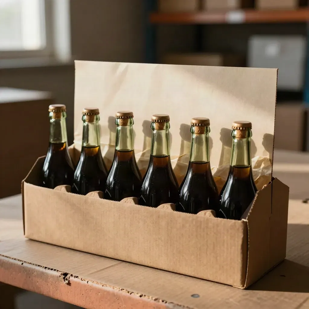 Cartone degustazione aperto con sei colli di bottiglia, carta velina e tappi di sughero.