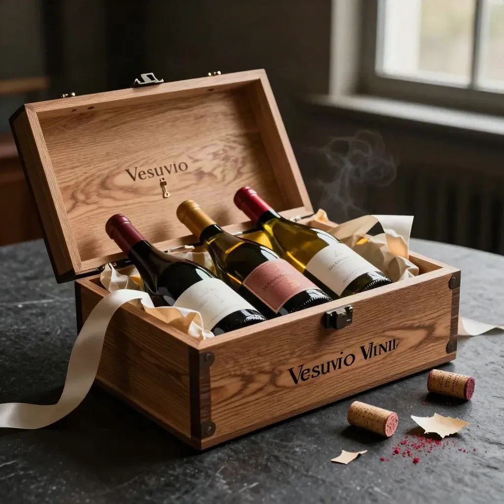 Cassetta regalo di vino Vesuvio con tre bottiglie, carta velina e nastro su base scura.