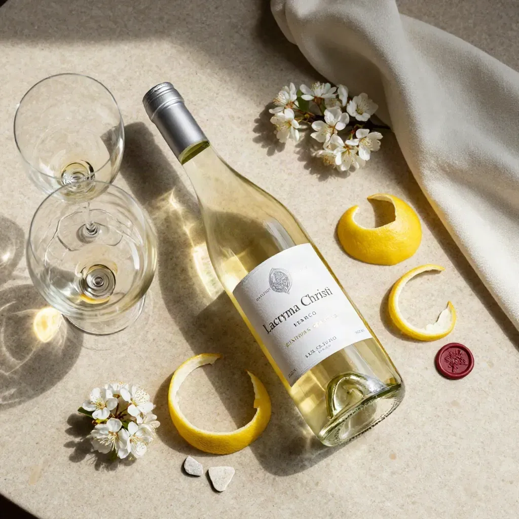 Bottiglia di Lacryma Christi Bianco con scorza di limone e fiori bianchi su pietra chiara.