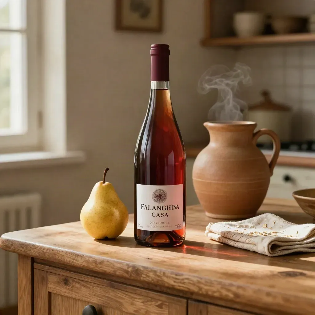 Bottiglia di Falanghina con pera, brocca in ceramica e tovagliolo su legno caldo.