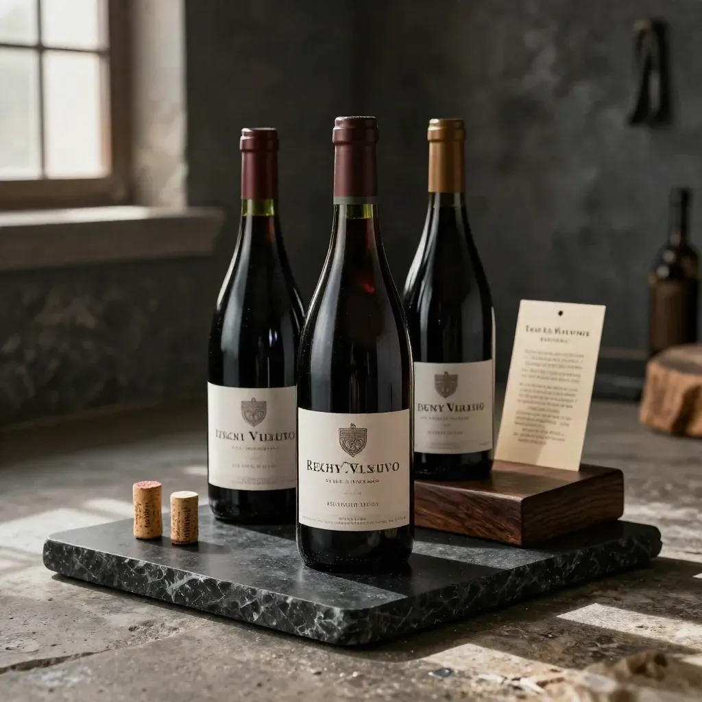 Tre bottiglie di vino rosso Vesuvio in composizione monumentale su lastra di basalto.