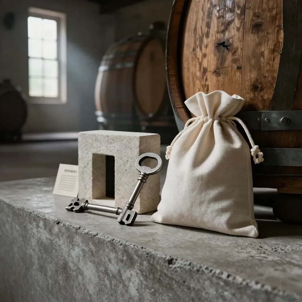 Still life di cantina con chiave in tufo, doga di botte, lino e muro in pietra