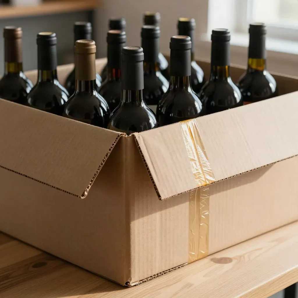 Scatola aperta con dodici bottiglie di vino su legno chiaro, luce calda radente.