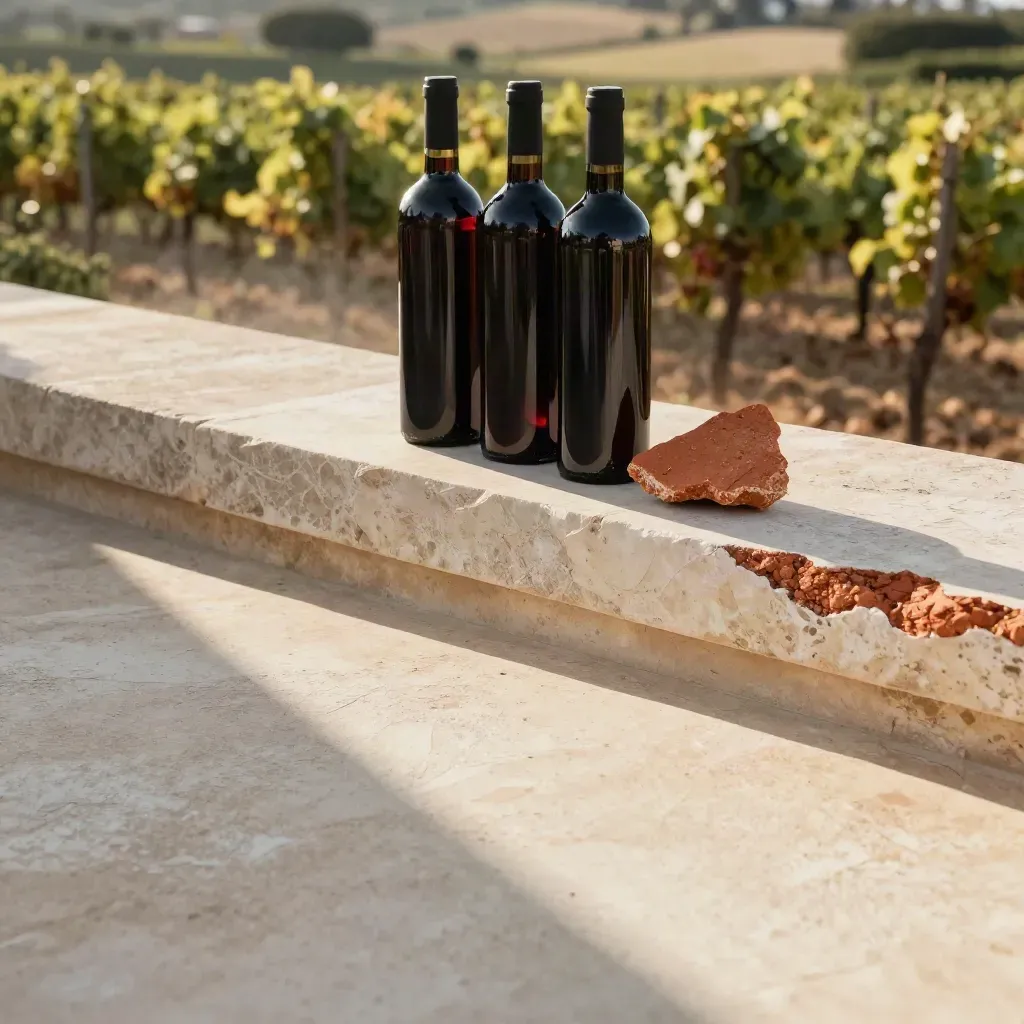 Tre bottiglie di vino rosso su una terrazza in pietra con coccio di terracotta e vigneti sfocati.