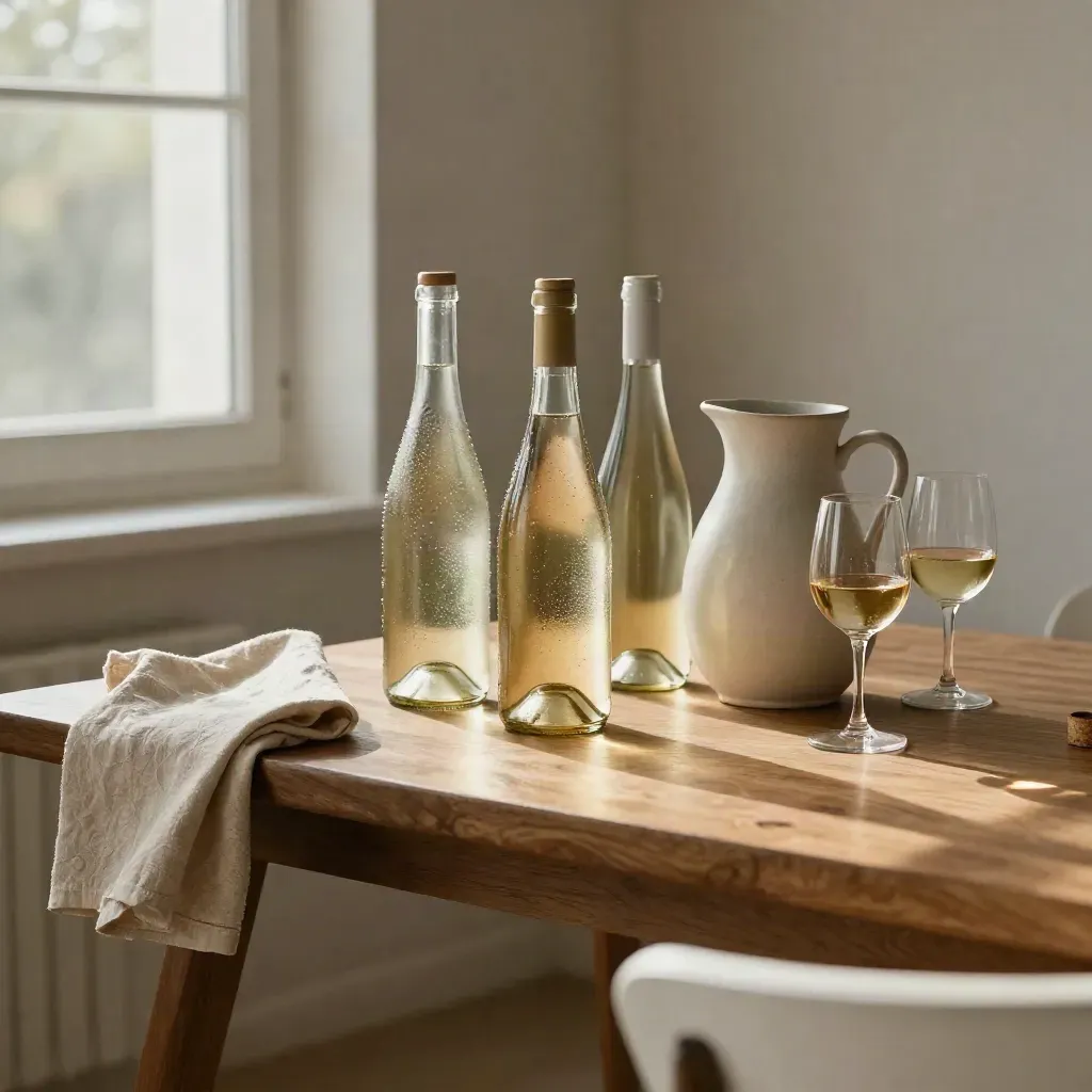 Bottiglie di vino bianco, caraffa in ceramica e tavolo in legno chiaro con luce morbida