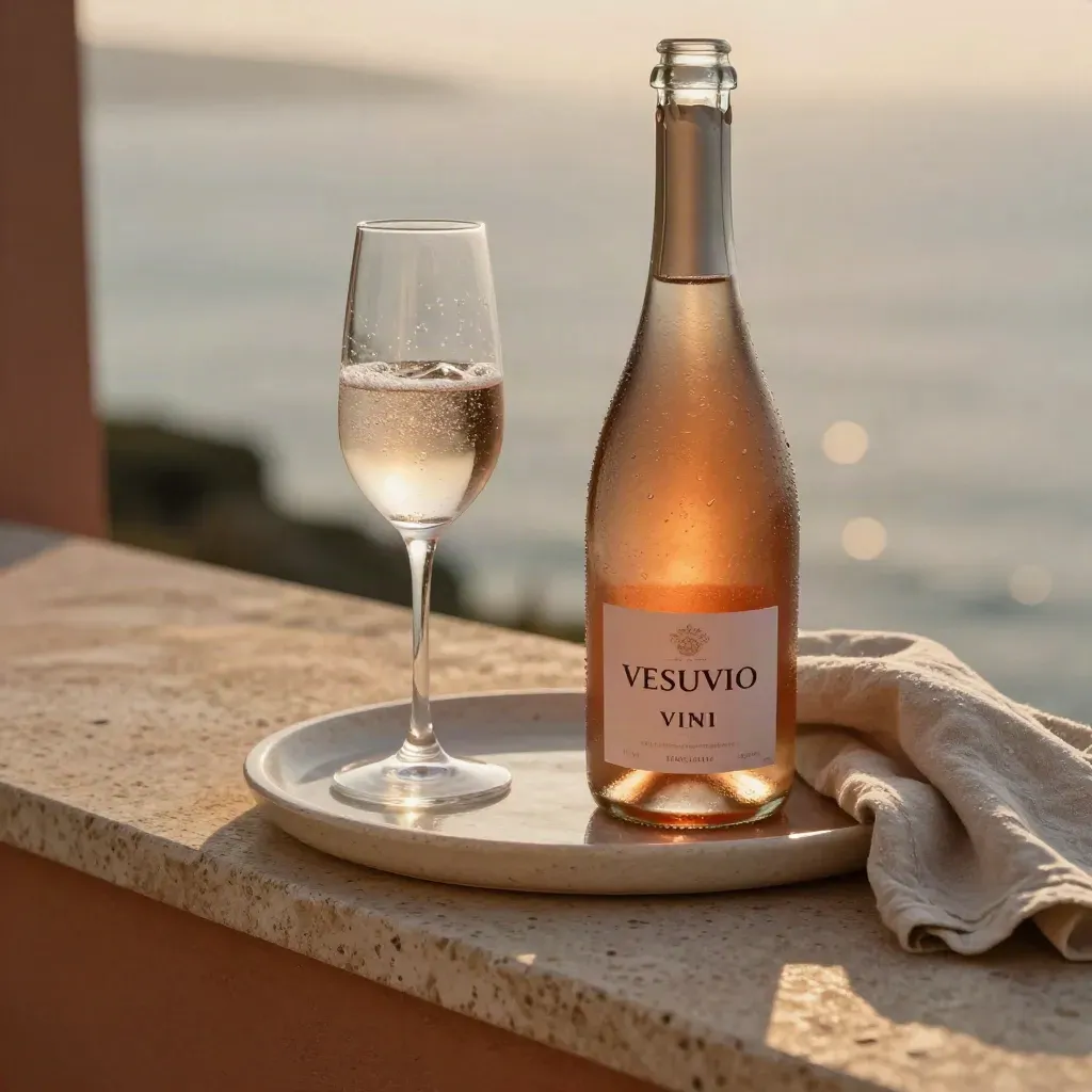 Bottiglia rosé, flute ghiacciato e vassoio in pietra su terrazza al tramonto.