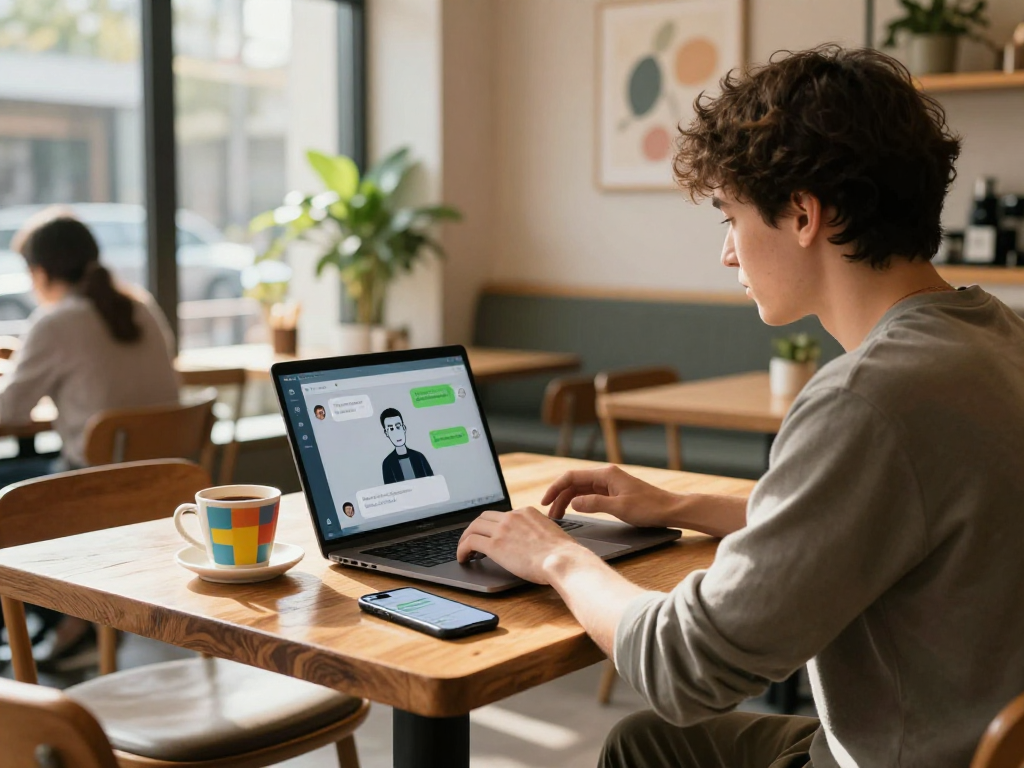 Engaging in a spicy AI chat at a cozy cafe with a laptop and coffee.