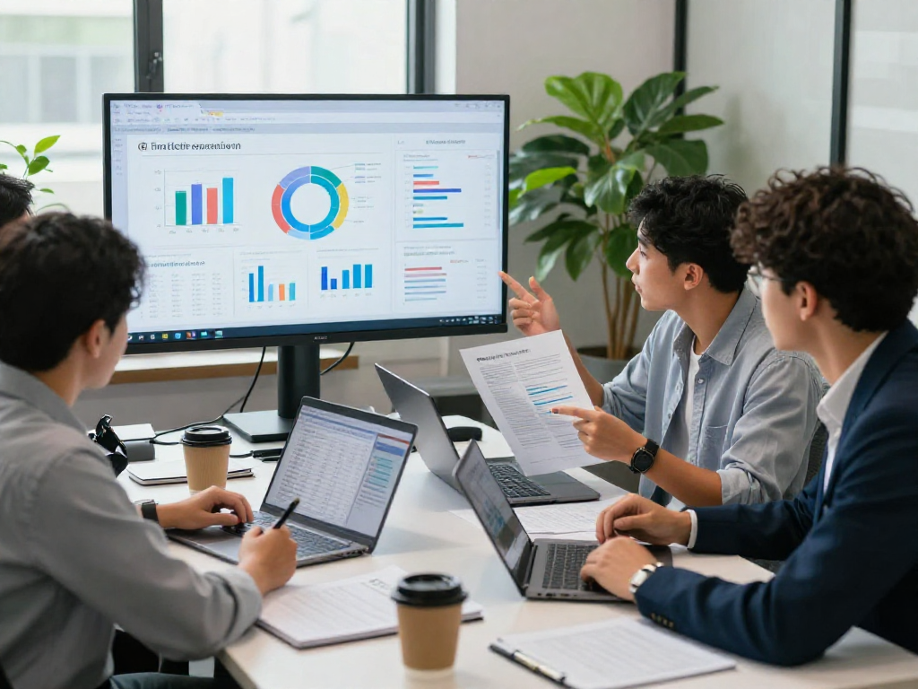 Document fraud detection analysis in a modern office with teams discussing findings and displaying metrics on screens.