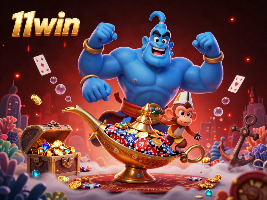 11win casino adventure featuring a genie, treasure chests, and poker chips, immersing players in a vibrant gambling theme.