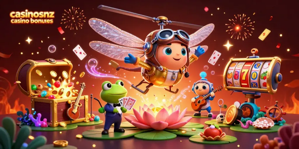 Experience the fun of casinosnz casino bonuses with a vibrant dragonfly pilot and a frog croupier.