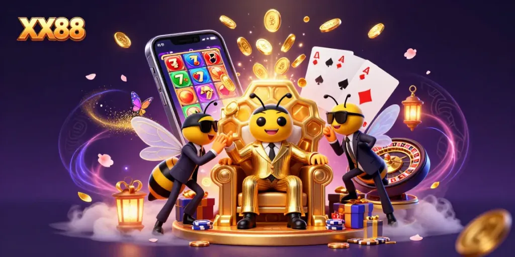 Engage in thrilling slot action with XX88's vibrant 3D casino scene, featuring dynamic characters and gaming elements.