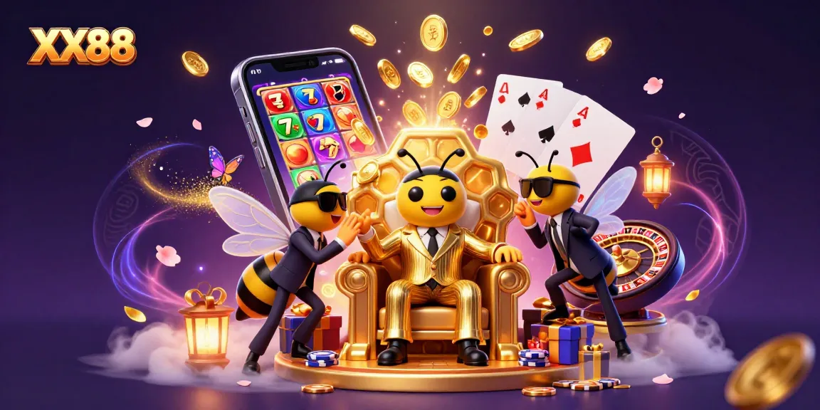 Engage in thrilling slot action with XX88's vibrant 3D casino scene, featuring dynamic characters and gaming elements.