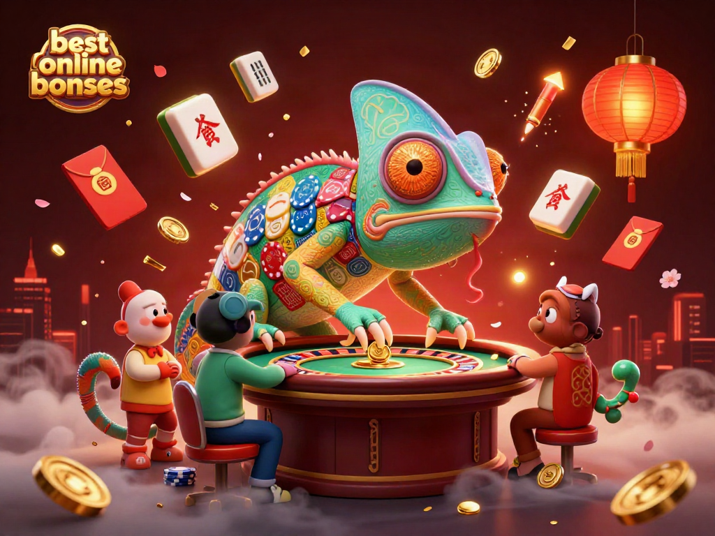 Engage with the best online casino bonuses in a vibrant casino scene featuring an animated chameleon.